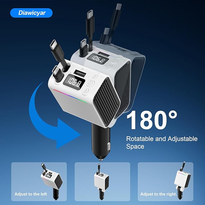 FM Transmitter Bluetooth Car Adapter - 45W Retractable Car Charger [PD 30W & QC3.0] Wireless Radio FM Bluetooth Transmitter for Old Cars, Hands-Free Calling, White
