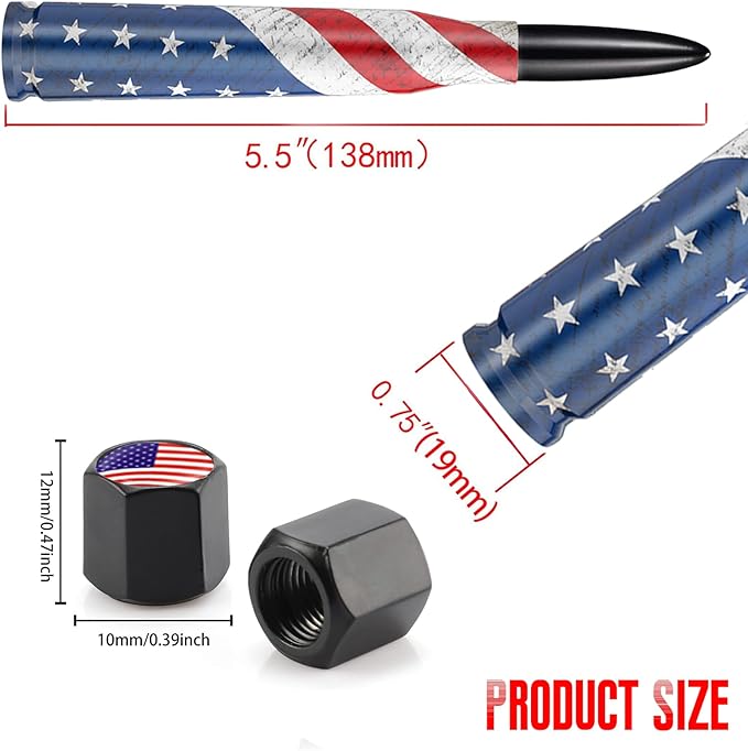 American Flag Car Truck Bullet Antenna with Valve Stem Caps, Universal Antenna Mast for GM Chevy Silverado 1500 2500 3500 HD Avalanche Ford F150 F250 F350 Heavy Duty Pickup Jeep Accessories (Black)