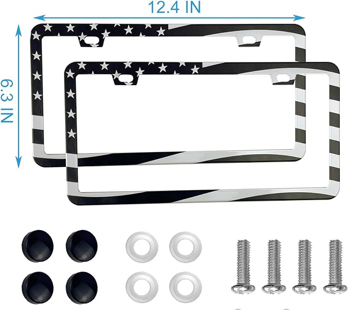 2PCS Premium American Flag License Plate Frame, Black License Plate Frames, 2 Holes Solid Stainless Steel License Plate Holder, Universal Car License Plate Frame for USA Flag, by Lengnoyp