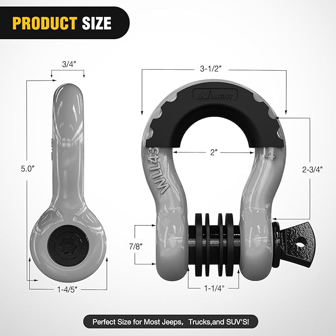 Nilight 3/4 inch D Ring Shackle 2 Pack 19T (41,887 lbs) Break Strength 4.75T WLL Heavy Duty Towing Hook with Anti-Theft System Anti-Rattle Isolators for Truck Jeep SUV ATV UTV Recovery Grey