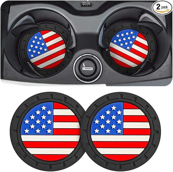 AUCELI 2 Pack Car Cup Holder Coasters, Colored American Flag US Flag Insert Car Cup Coaster, 2.75 Inch Anti Slip Shockproof Embedded Drink Mat, Vehicle Interior Decor Accessories