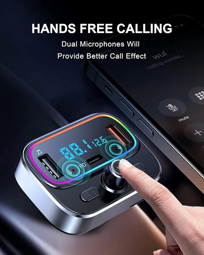 Bluetooth 5.4 FM Transmitter for Car Wireless Radio Adapter Kit, Hands-Free Calling Dual Microphone, Fast Charging 18W & PD 20W for All Smartphones Audio Players, Supports TF/SD Card and USB Disk