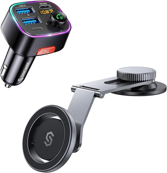 Syncwire Bluetooth 5.3 FM Transmitter Car Adapter 48W (PD 36W & 12W) and Magnetic Car Phone Mount for Car Dashboard