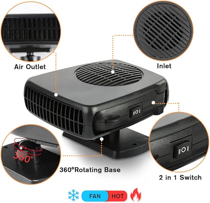 Leaflai 12V Car Heater 150W Auto Heater Anti-Fog Windscreen Heating Fan 2 in-1 Heating/Cooling Car Defroster with Plug-in Cigarette Lighter, Mini Car Demister for Small Vehicles
