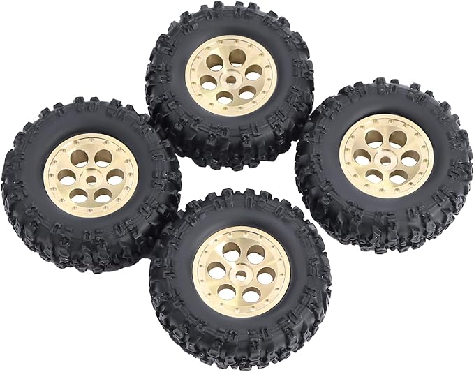 4pcs SCX30 Brass Offset 0.7'' Wheels Set with Rubber Tires Sponge Insert for AXIAL SCX30 Ford Bronco JEEP WRANGLER JLU RC Crawler Upgrade Part ﻿ (Golden 6-hole set)