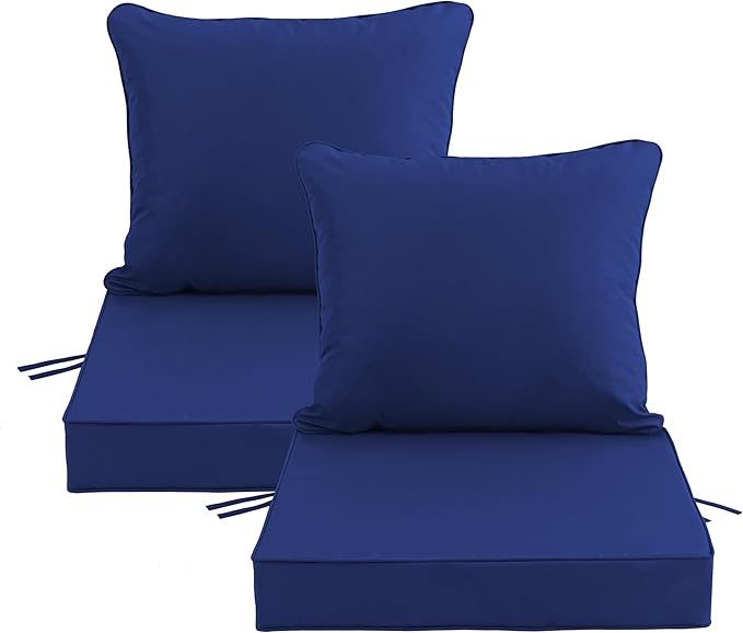22x22 Inch Patio Chair Cushions Set of 2, Outdoor Furniture Cushions - Removable Cover, Water-Repellent, Fade-Resistant, Non-Slip Bottom & Straps, Replacement for Lawn, Porch & Deck Chair - Navy
