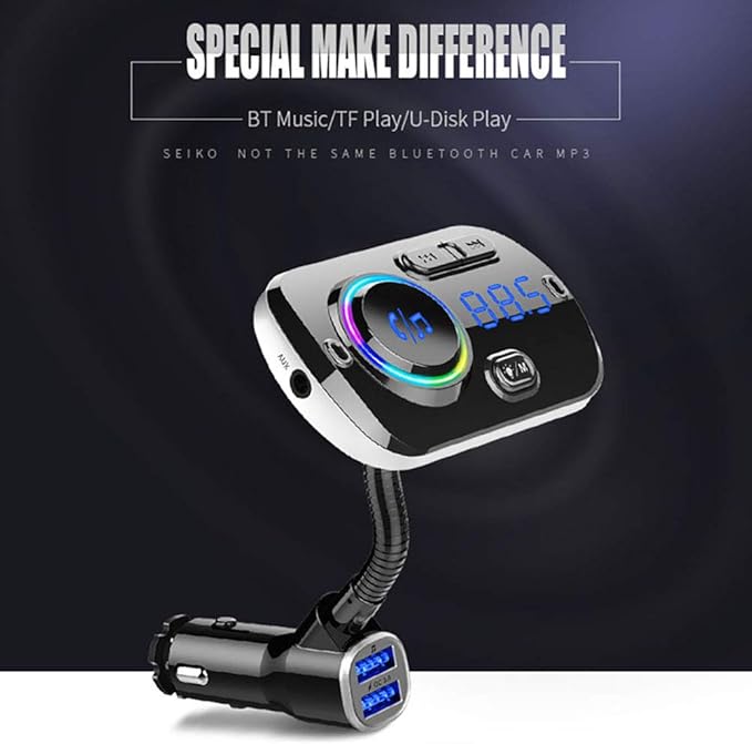 Bluetooth FM Transmitter for Car, 5.0 Bluetooth Handsfree Car Kit Dual USB Colorful Atmosphere Light Support SIRI/Google Voice Assistant QC 3.0 Fast Charge