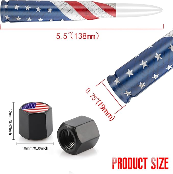 Car Truck Bullet Antenna with Valve Stem Caps for F150 F250 F350 Super Chevrolet Duty Raptor Dodge Ram 1500 2500 3500,Pickup Jeep Accessories（Silver）- American Flag Design-Car Wash Safe