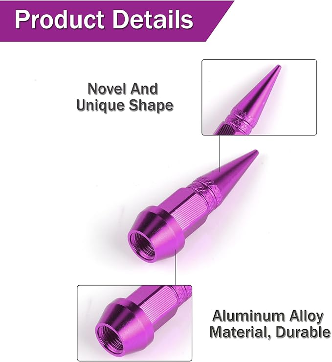 SINGARO 45mm Spiked Aluminum Stem Valve Caps,4PCS Dustproof Tire Wheel Stem Caps for Cars,SUVs,Trucks Bicycles and Motorcycles(Purple)