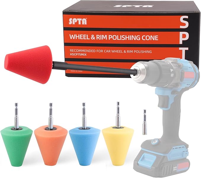 Polishing Cone, SPTA Car Wheel Hub Drill Buffing Sponge Pads Kit, Polishing Ball, 5 Pack Car Buffers and Polishers Kit, Attaches to Standard Household Drill