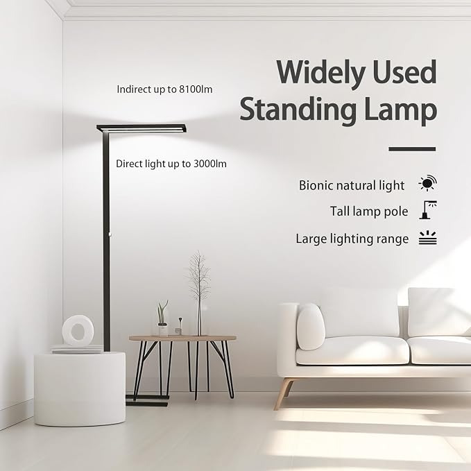 STERREN Eye-Care Led Floor Lamp,76" Tall Office Floor Lamp, 105W Black Modern Free-Standing Lamp, 11100LM Bright Reading Lamp for Study Room,Living Room,Meeting Room,4000K