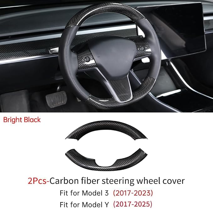 JSWAN Real Carbon Fiber Steering Wheel Cover for Tesla Model 3 2017 to 2023 Model Y 2020 to 2024 Steering Wheel Cover Steering Wheel Wrap Protector Interior Accessories (Bright Black 2Pcs)