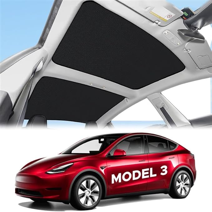 EcoNour Upgraded Tesla Model 3 Roof Sunshade (2021–2023 Highland) – No-Gap, Sag-Free Skylight Heat Insulation Reflective Glass Roof Cover –99% UV with Nano Ice Crystal-Coated Interior Sunshade