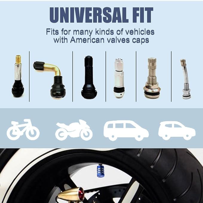 Tire Valve Stem Cap Cover - (5 Pack) Tire Air Cap Metal with Plastic Liner Corrosion Resistant Leak-Proof Rock and Roll for Car Truck Motorcycle Bike Blue