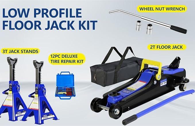 5 Piece Car Truck Floor Jack Service, Hydraulic Trolley Floor Jack & Jack Stands & Tire Repair Kit & L-Wrench for Garage, Automotive Shop, DIY, Lift Range 3.3"-15.2", 2 Ton/4000 LBS Capacity