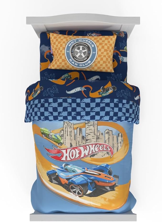 Hot Wheels Race Track 4 Piece Toddler Bed Set – Super Soft & Cozy Reversible Microfiber Comforter and Sheets (Officially Licensed Product) by Franco