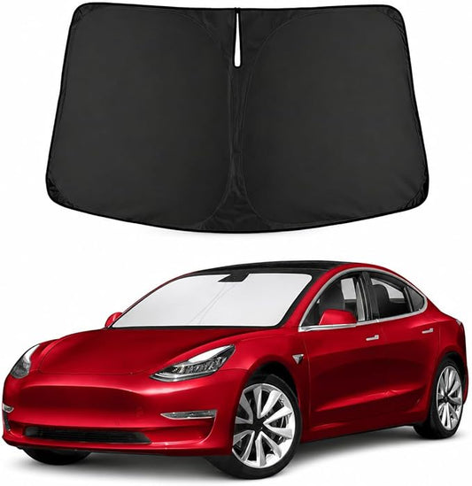 Windshield Sun Shade for Tesla Model 3 and Y - Size (56" x 36"), Premium 280T Reflective Sunshade, Heat Shield, UV Protection Foldable Front Window Sunshade with Storage Pouch, Tesla Car Accessories