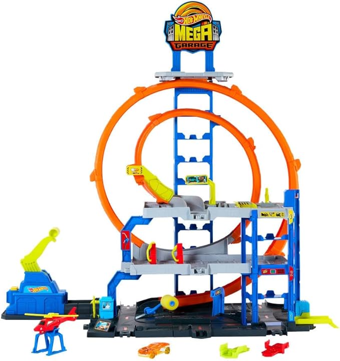 Hot Wheels Toy Car Track Set with Die-Cast Car & Helicopter, 2 Loops, Storage for 36 1:64 Scale Vehicles, Speed Snap Adapters, Mega Loop Garage