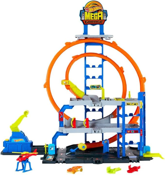 Hot Wheels Toy Car Track Set with Die-Cast Car & Helicopter, 2 Loops, Storage for 36 1:64 Scale Vehicles, Speed Snap Adapters, Mega Loop Garage
