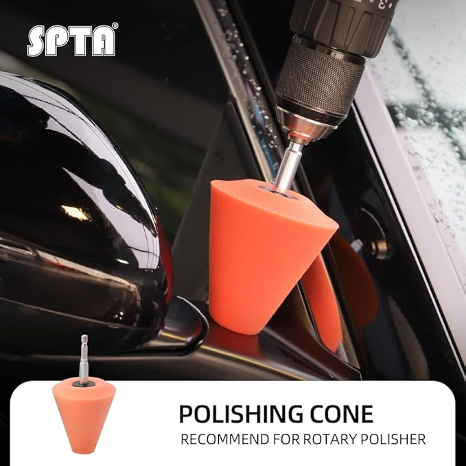 SPTA Polishing Cone, Car Wheel Hub Drill Buffing Sponge Pads Kit, Polishing Ball (Orange T140 Heavy Cut Polishing Cone)