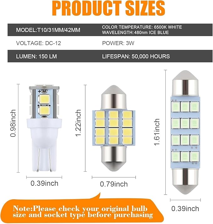 iFunyLED 24 Pieces Dome Light LED Car Interior Bulb Kit Set 194 T10 DE3175 578 31mm 42mm Bulbs Interior Replacement Lights for Car Map License Plate Door Side Marker Cornering Trunk - White+Ice Blue