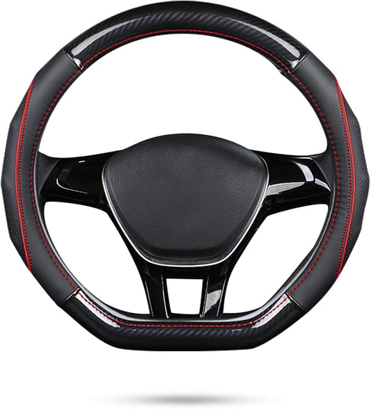 Ergocar Car Steering Wheel Cover Non-Slip Car Steering Wheel Protector Sport D-Shape Carbon Fiber & First Layer Cowhide Universal for Diameter 38cm(15") (D-Black-red)