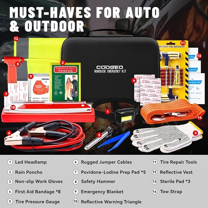 COOGEO 15PC Car Emergency Kit with Jumper Cables, Roadside Assistance Safety Kit for Auto & Truck, Includes Safety Hammers, Tow Strap, Warning Triangle, First Aid, Gifts for Young Men or Women, Black