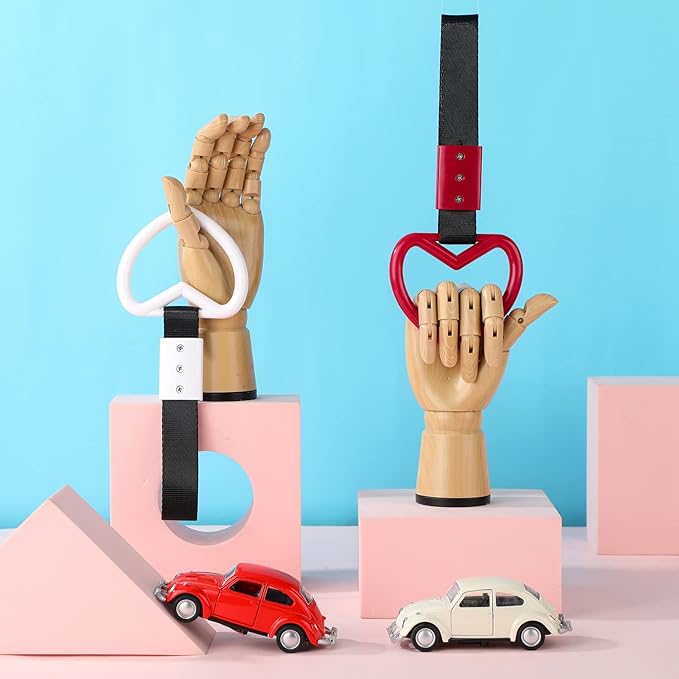 2 Pieces Rings Heart Shaped Car Handle Straps Drift Charm Rear Bumper Warning Ring Decor Subway Bus Broken Heart Handle for Car Interior (White and Red with Black Rope)