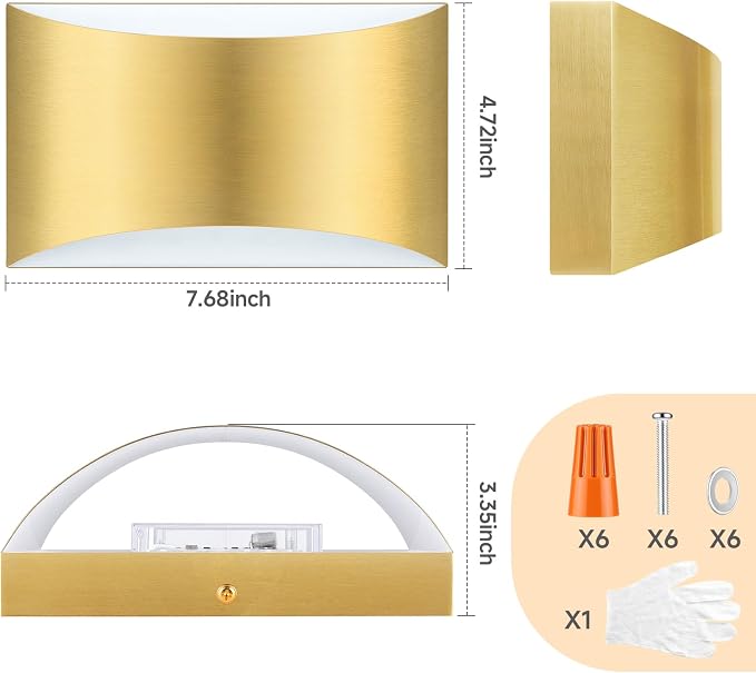 MATAMEYE Modern LED Wall Sconce Set of 2, Gold Indoor Wall Lighting Fixture with 3 Colors Temperatures, 10W Up/Down Hardwired Wall Mount Lamp for Bedroom Living Room Hallway