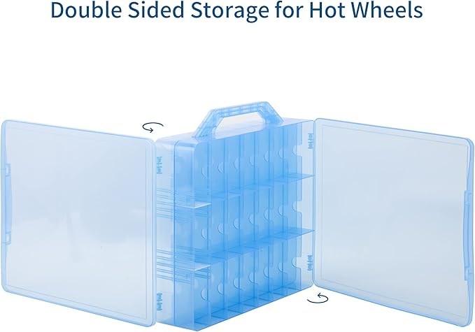 KISLANE Double Sided Storage Case for 48 Cars, Matchbox Cars, Mini Toys, Small Dolls - Portable Transparent Case (Blue)