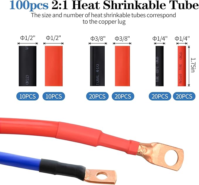 Cable Lug Crimping Tool with 74pcs Copper Wire Lugs, 100pcs Dual Wall Adhesive Heat Shrink Tubing, Wire Crimping Tool for AWG 10-1/0 Electrical Lug Crimper