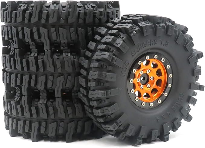 HOBBYSOUL RC Soft Sticky 1.9 Mud Slingers Tires 120mm & 1.9 Beadlock Wheels Orange Black Rims, 1.9 Crawler Tires and Wheels for 1/10 rc Crawler Traxxas TRX4 Axial SCX10 Gen8, (4-Pack)