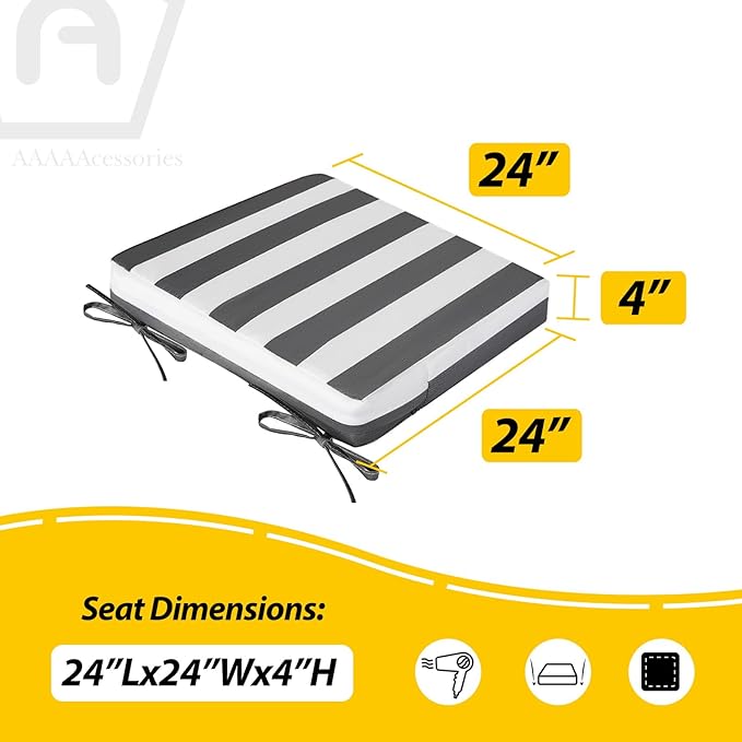 AAAAAcessories Outdoor Seat Cushions for Chairs, Waterproof, Fade-Resistant, 24" x 24" x 4", Patio Furniture Replacement Cushions, Set of 2, Gray Cabana Stripe