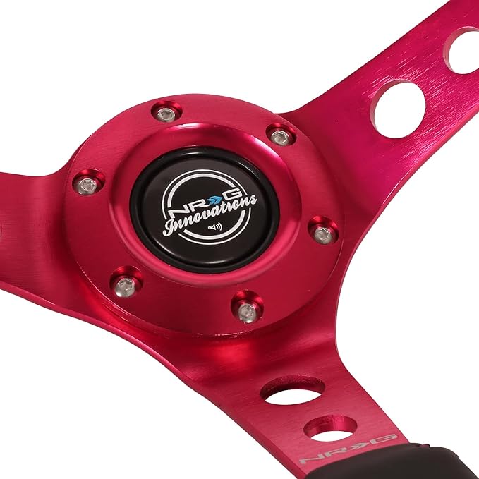 NRG Innovations NRG-RST-006FH Reinforced Steering Wheel 350mm Sport Steering Wheel (3" Deep), Black Leather Fushia Center Mark with Fushia Stitching, Fushia Center Spoke