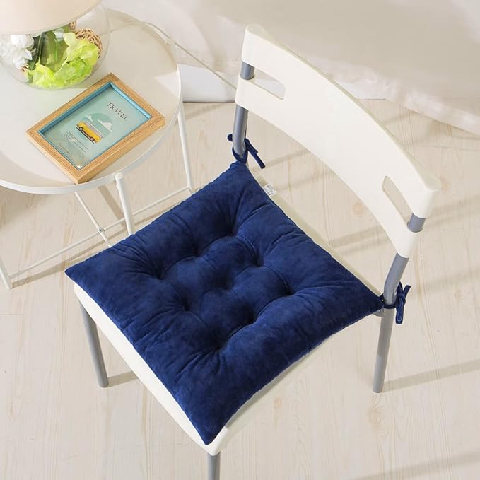 Set of 4 Square Chair Pads Indoor Seat Cushions Pillows with Ties Soft Comfortable Non Slip Chair Mat for Kitchen Dining Office Desk Living Room Outdoor Tatami 15.5" - Blue