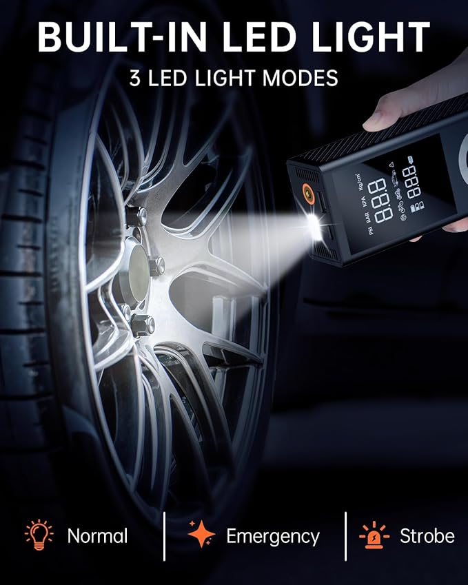 Tire Inflator Portable Air Compressor, Cordless Air Pump For Car Tires with Digital Pressure Gauge, LED Light,12V Car Power Adapter, Storage Box