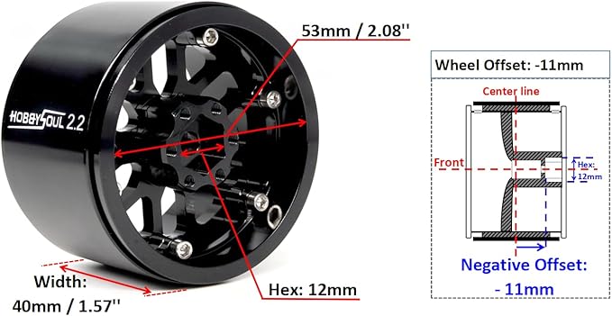 HOBBYSOUL 2.2 RC Wheels Rims -11mm Negative Offset 40mm Width CNC Aluminum 2.2 Beadlock Wheels for 1/10 RC Crawler SCX10 Capra / TRX4 AMG 6x6, Black