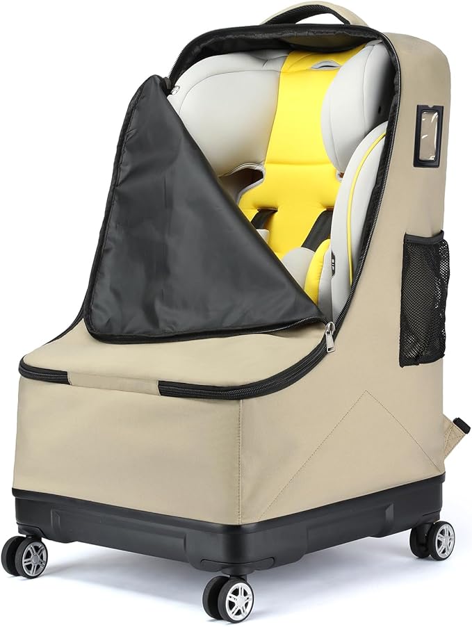 TUGUAN Car Seat Travel Bag for Airplane with Spinner Wheels, Infant Car Seat Bags for Air Travel with Hard Bottom, Padded Car Seat Backpack, Large Car Seat Storage Bag for Airport Check, Brown