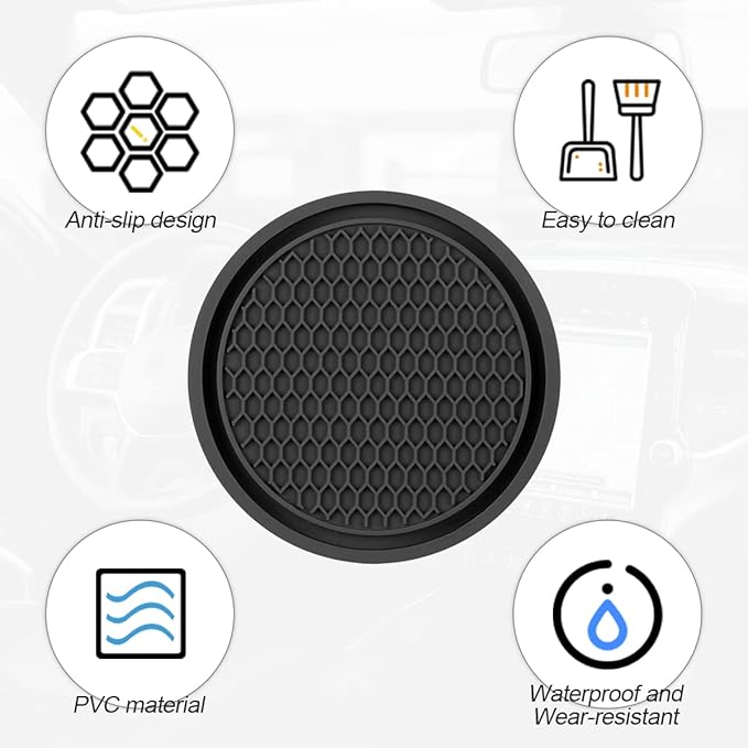 Osilly 4 Pack Car Coaster, 2.75 Inch PVC Anti Slip Cup Holder Insert Coaster, Honeycomb Waterproof Drink Mat Suitable for Most Car Interior, Universal Vehicle Accessories for Women and Men (Black)