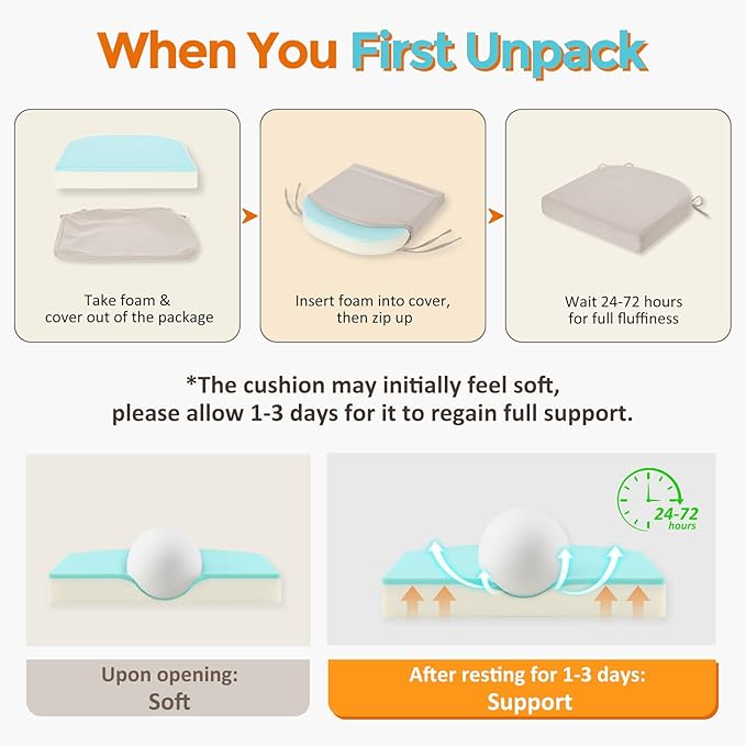 downluxe Chair Cushions for Dining Chairs, Memory Foam Linen Kitchen Chair Pads with Ties, Waterproof, Stain-Resistant and Washable Cover, 17" x 16" x 2.5", Beige, 2 Pack