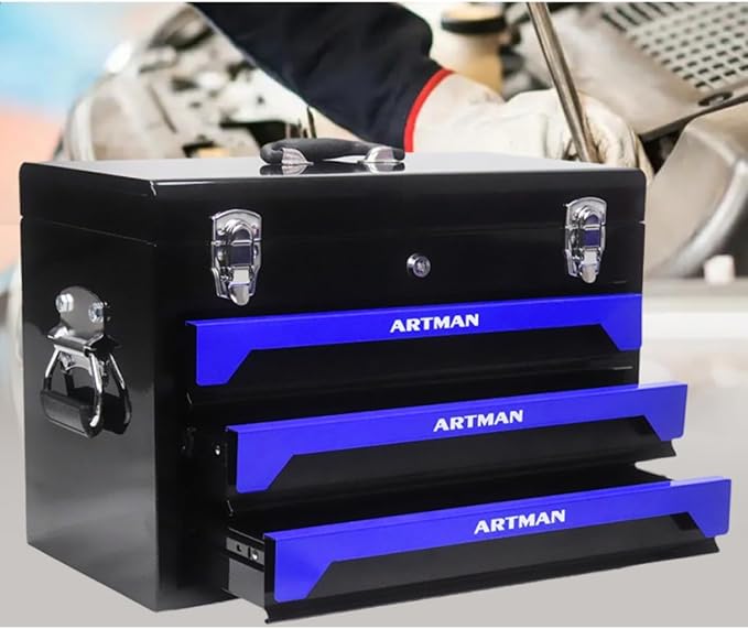 20" Portable 3 Drawer Steel Toolbox,Built in Tool Set,4 Layers of Tools with Metal Latches, with Top Storage Tray and carrying Handle, Multi-Function Tool Storage for Garage, Home,or Workbench