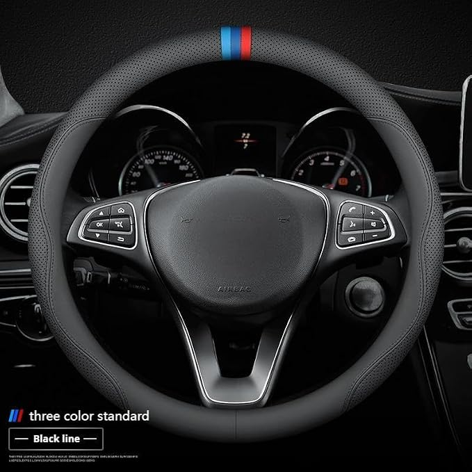RYE for BMW Steering Wheel Cover, Leather Car Steering Wheel Cover Heavy-Duty Durable Breathable, Custom-fit for BMW X3 X5 X7 3/5/7 Series 328i 550i Accessories - Black Pattern 5