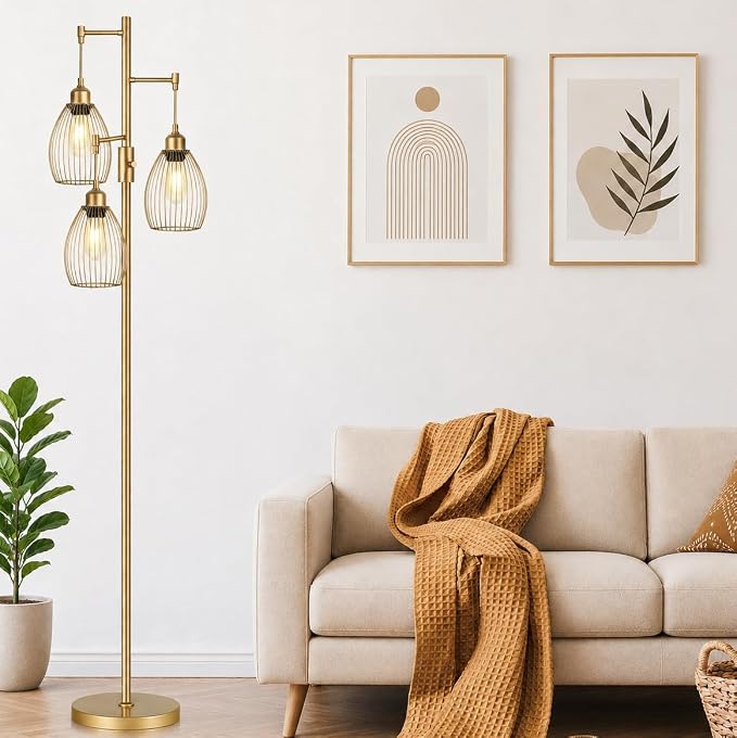 Dimmable Floor Lamp, 3 x 800LM LED Edison Bulbs Included, Farmhouse Industrial Floor Lamp Standing Tree Lamp with Elegant Teardrop Cage Head Tall Lamp for Living Room Bedroom Office Dining Room - Gold