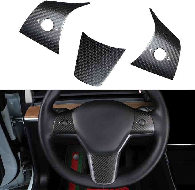 JSWAN Carbon Fiber Steering Wheel Panel Cover for Tesla Model 3 (2017 to 2023) Model Y (2020 to 2024) Steering Wheel Button Frame Wrap Accessories (Matte Black Panel Cover)