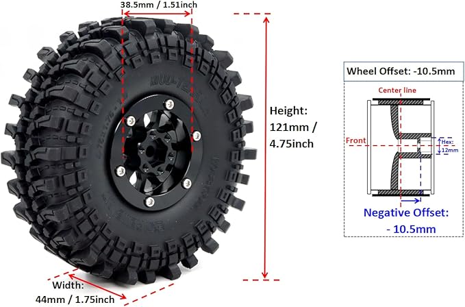 HOBBYSOUL 4pcs -10.5mm Negative Offset 1.9 Beadlock Wheels and Tires, 121mm Tall 1.9'' tyre and Rims for 1/10 RC Mud Crawler SCX10 TRX4 Gen8 Upgrades