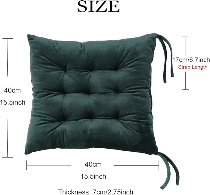 2 Pack Square Seat Cushion Chair Pads for Kitchen Dining Chairs, Soft Comfort Velvet Chair Mat Pillow Cushions with Ties for Office Desk Living Room Tatami 15.5", Dark Green