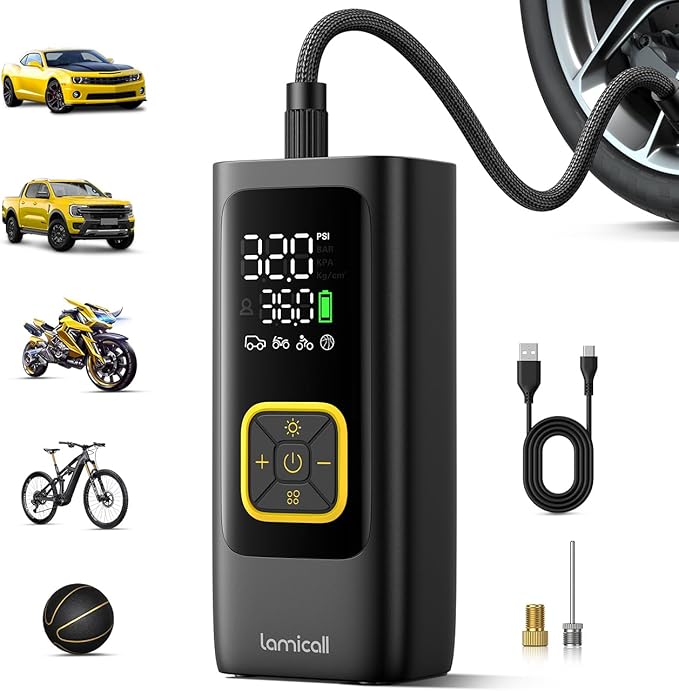 Tire Inflator Portable Air Compressor - Lamicall [4X Faster][150 PSI] Car Bike Air Pump, Rechargeable Battery, Pressure Gauge Display, LED Light, Car Cordless Pump, Gifts for Motorcycle, Bike, Ball