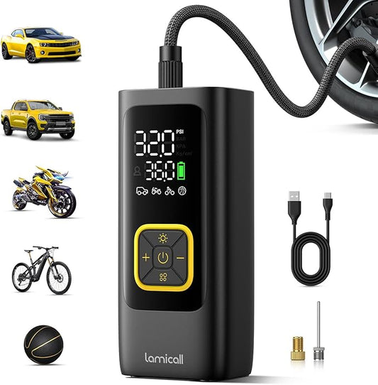 Tire Inflator Portable Air Compressor - Lamicall [4X Faster][150 PSI] Car Bike Air Pump, Rechargeable Battery, Pressure Gauge Display, LED Light, Car Cordless Pump, Gifts for Motorcycle, Bike, Ball