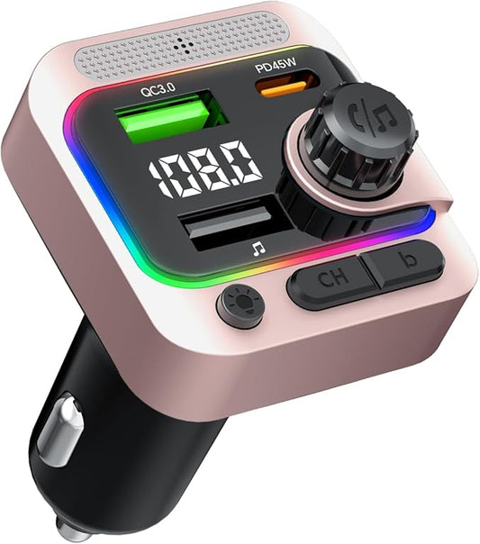 FM Transmitter Bluetooth Car Adapter - 63W Wireless Radio FM Bluetooth Transmitter with Deep Bass Player for Old Cars [PD 45W & QC3.0], Car Charger USB C Fast Charge, Hands-Free Calling, Pink