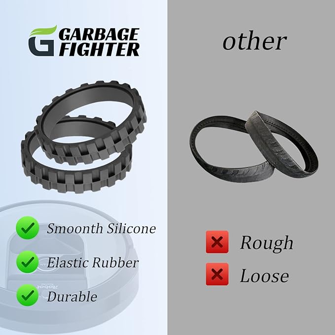 Garbage fighter Tires for Series 500, 600, 700, 800 and 900, e5, e6, i7,Anti-Slip, Great Adhesion and Easy Assembly, Wheel Replacement for All roomba Models (Black 2 Pack)
